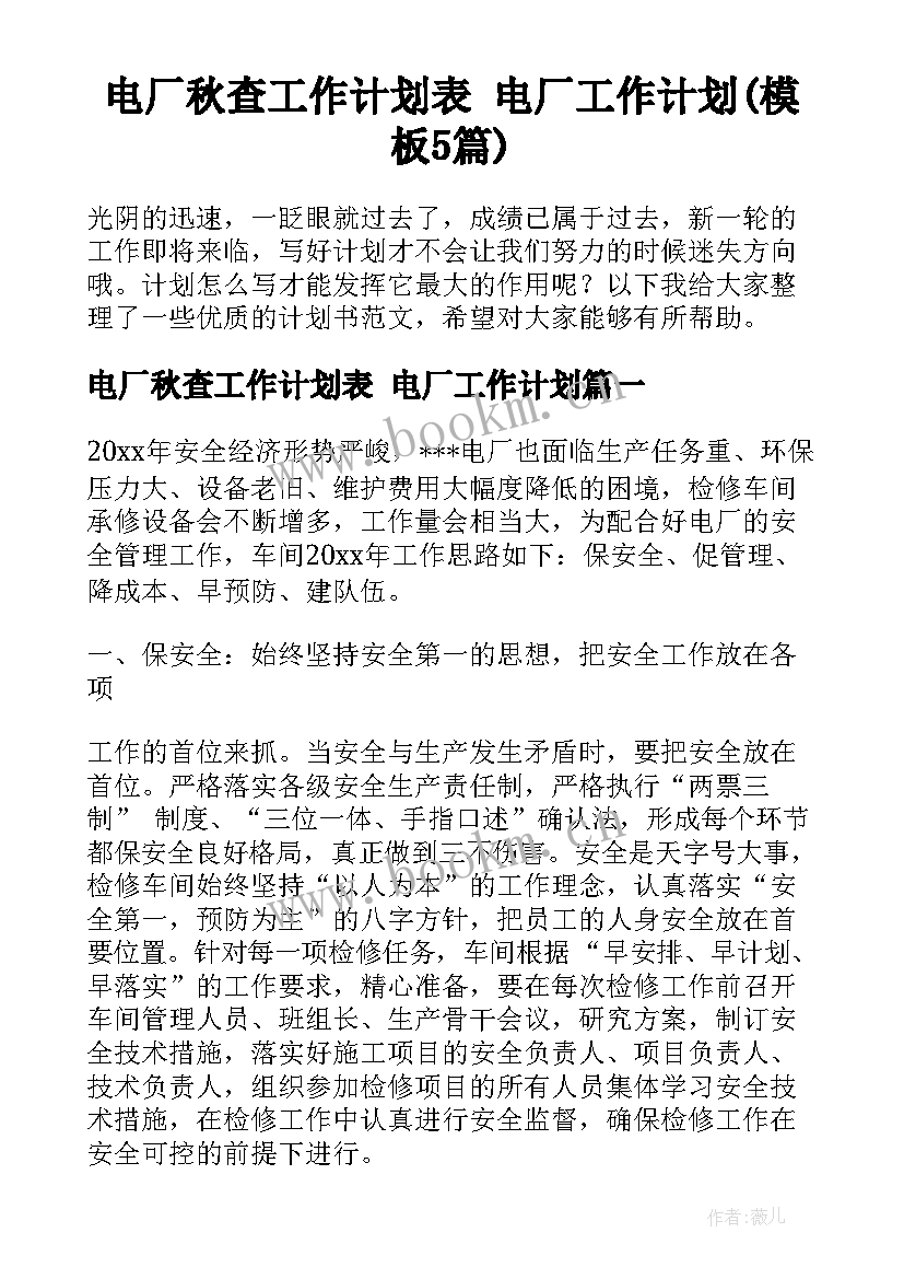 电厂秋查工作计划表 电厂工作计划(模板5篇)