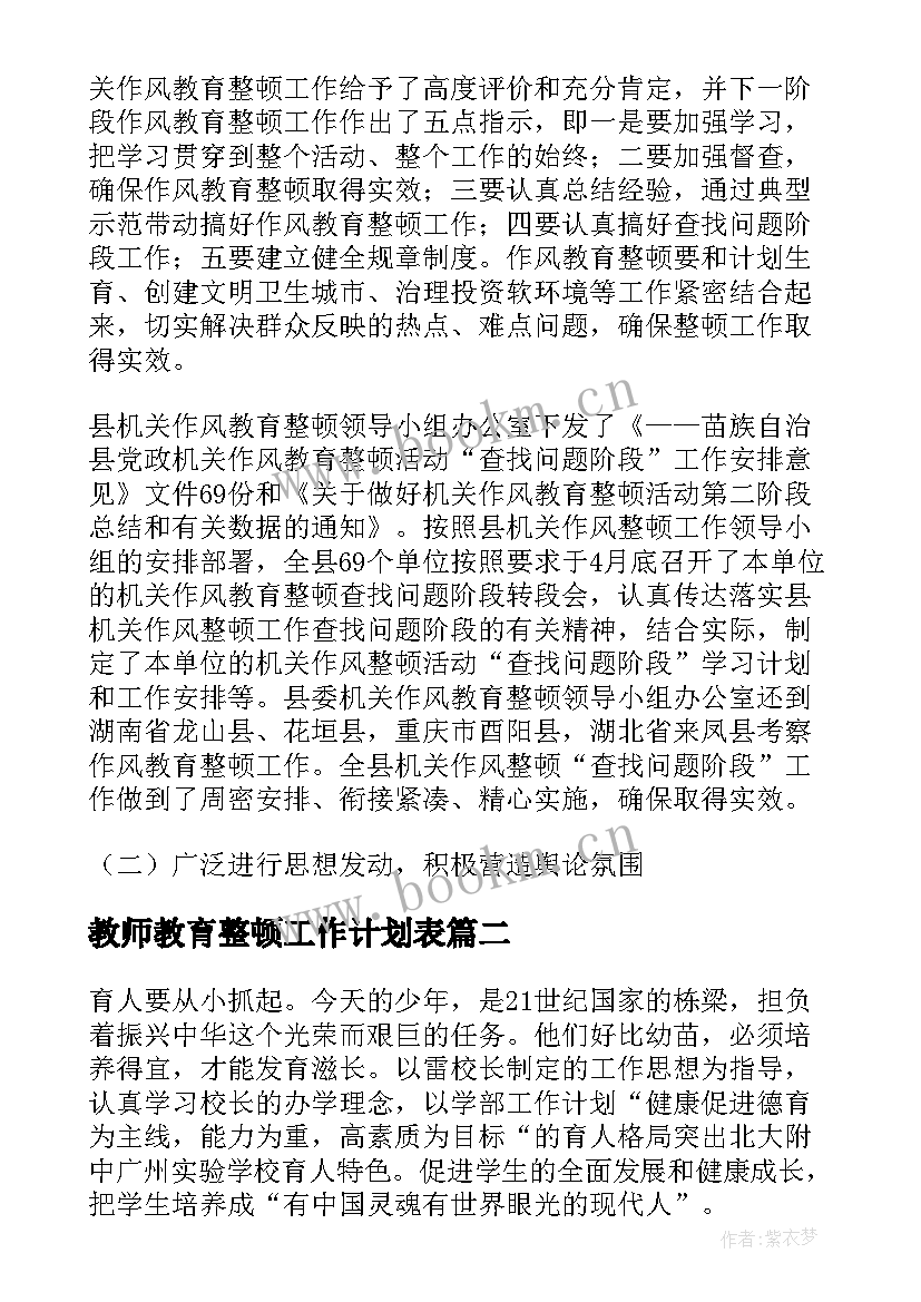 最新教师教育整顿工作计划表(实用8篇)