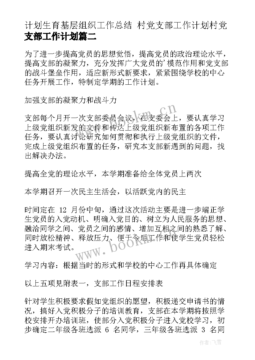 计划生育基层组织工作总结 村党支部工作计划村党支部工作计划(大全10篇)