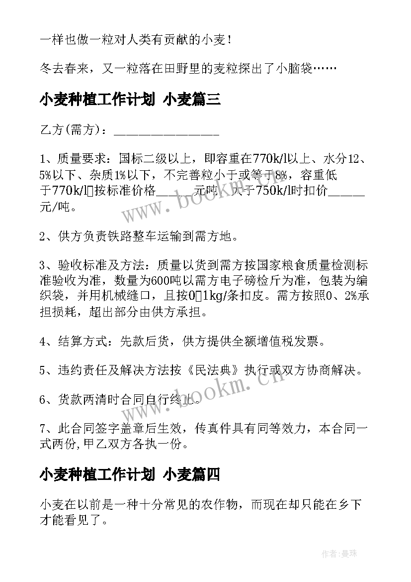 小麦种植工作计划 小麦(模板9篇)