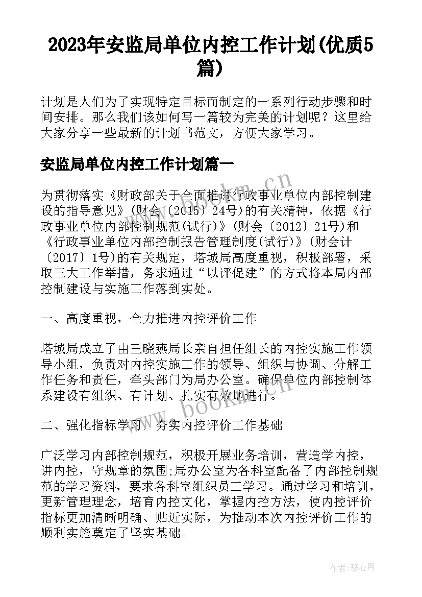 2023年安监局单位内控工作计划(优质5篇)