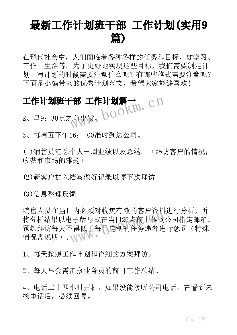 最新工作计划班干部 工作计划(实用9篇)