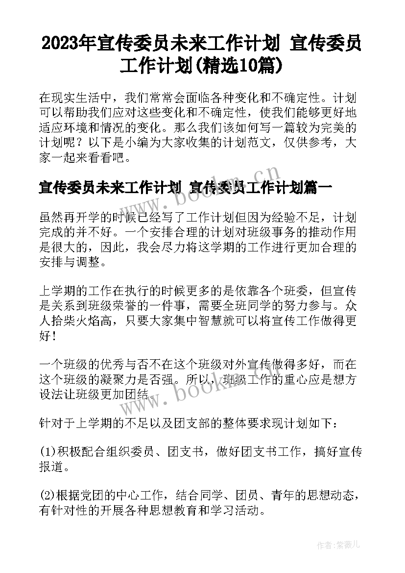 2023年宣传委员未来工作计划 宣传委员工作计划(精选10篇)