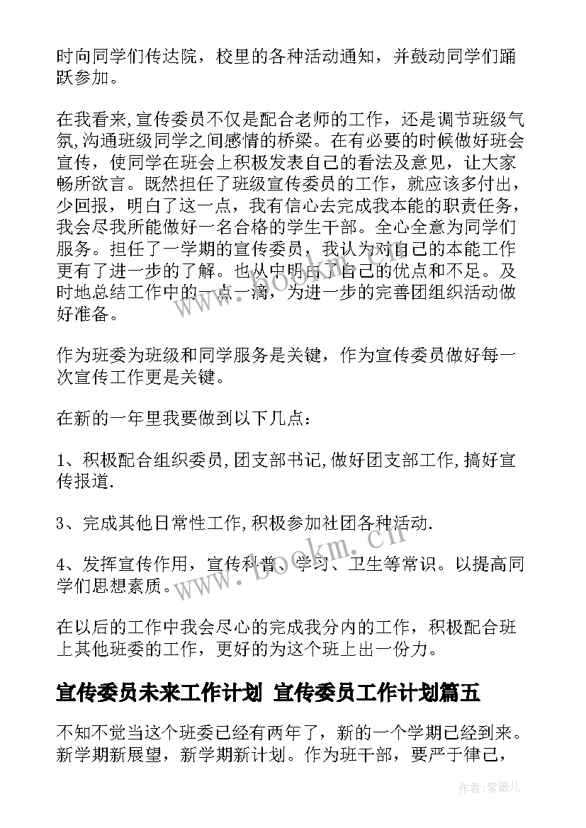 2023年宣传委员未来工作计划 宣传委员工作计划(精选10篇)