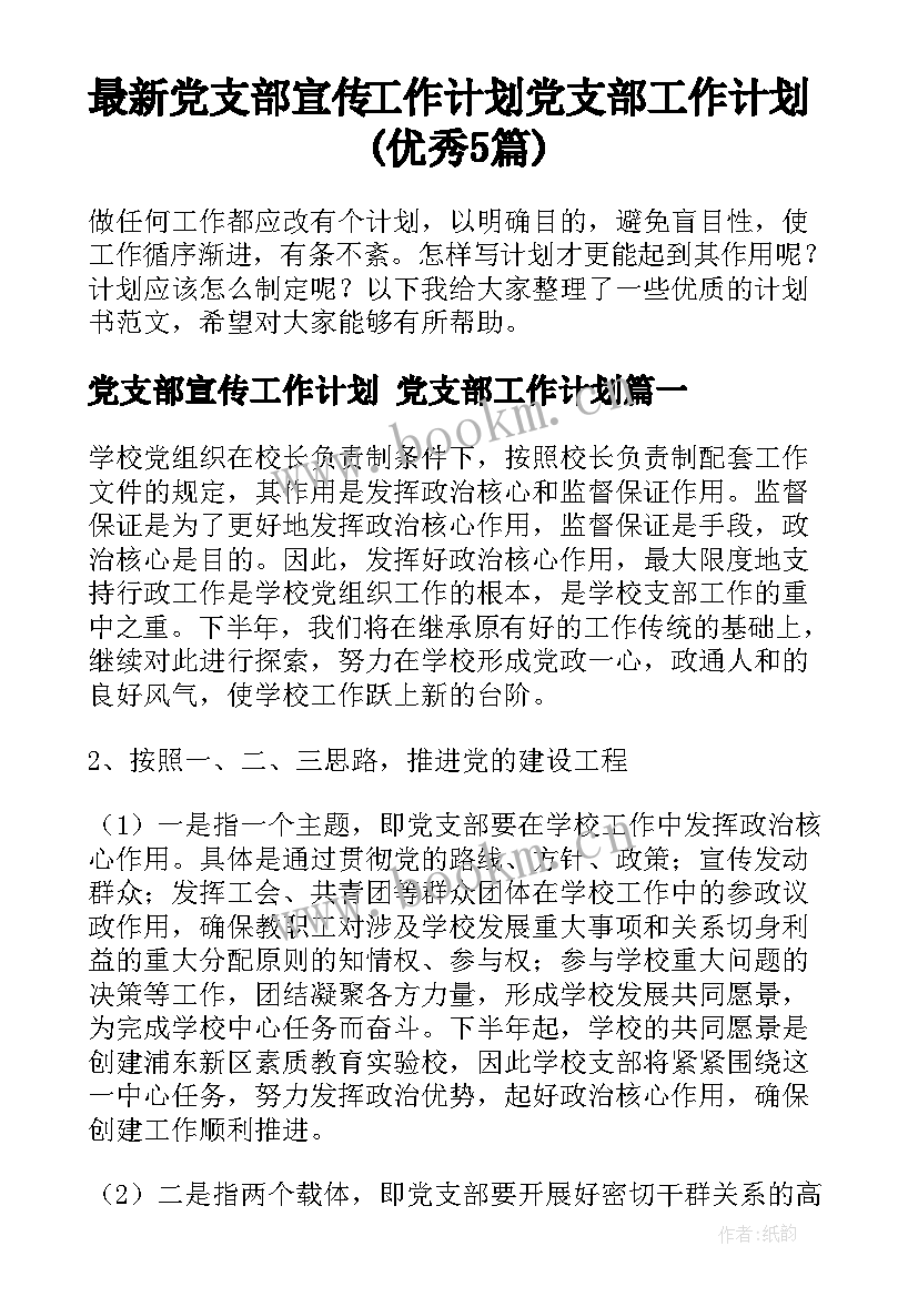 最新党支部宣传工作计划 党支部工作计划(优秀5篇)