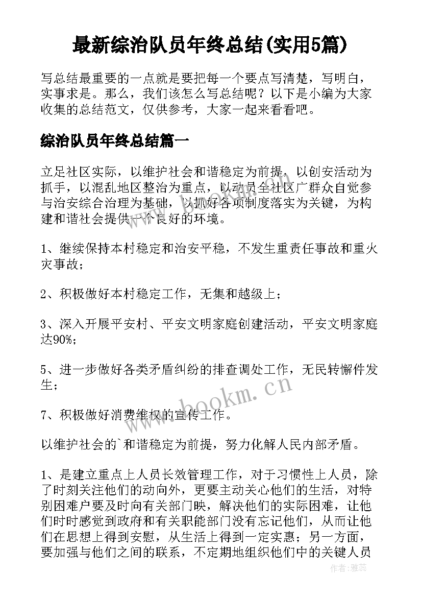 最新综治队员年终总结(实用5篇)