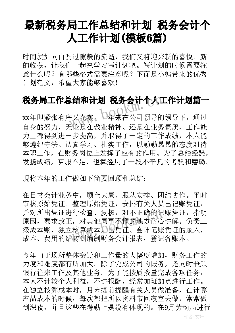 最新税务局工作总结和计划 税务会计个人工作计划(模板6篇)