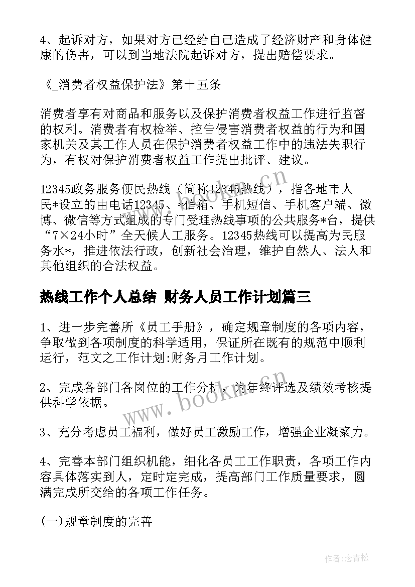 2023年热线工作个人总结 财务人员工作计划(精选5篇)