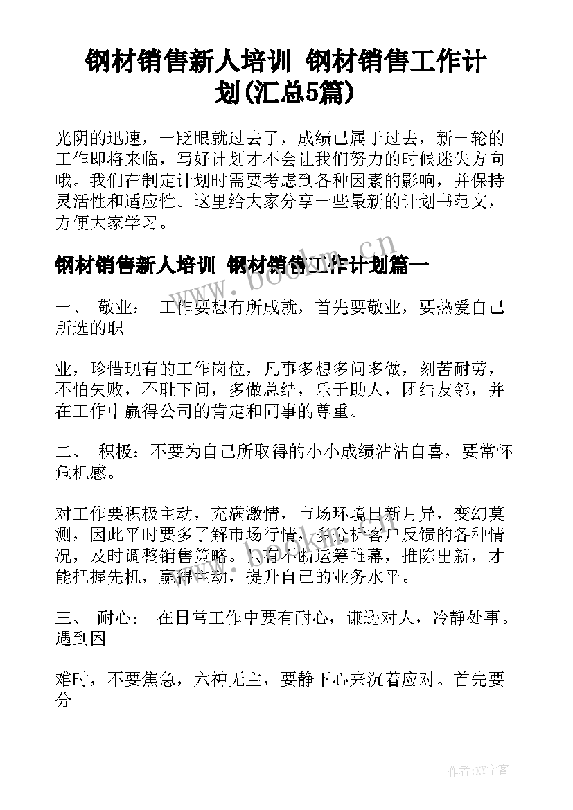 钢材销售新人培训 钢材销售工作计划(汇总5篇)