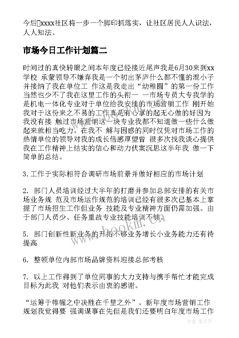 最新市场今日工作计划(汇总6篇)