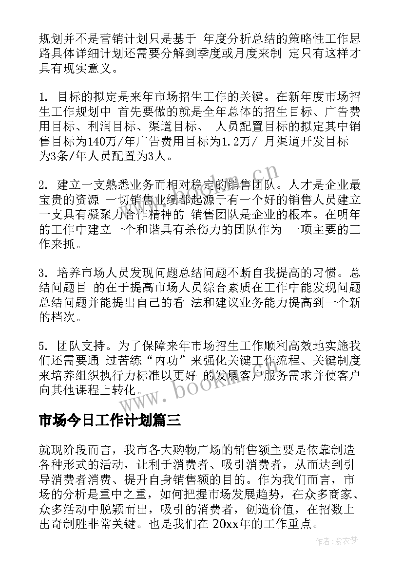 最新市场今日工作计划(汇总6篇)