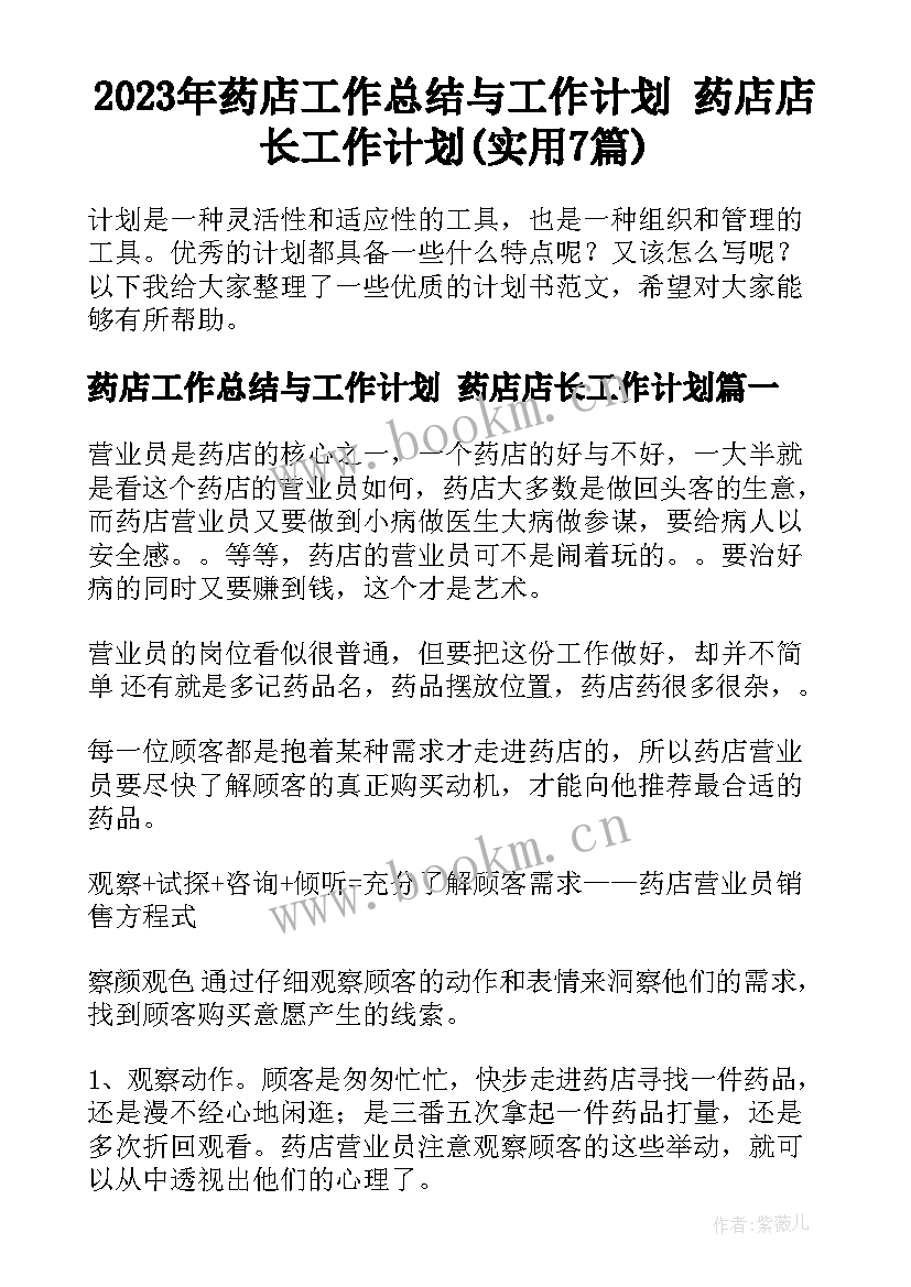 2023年药店工作总结与工作计划 药店店长工作计划(实用7篇)