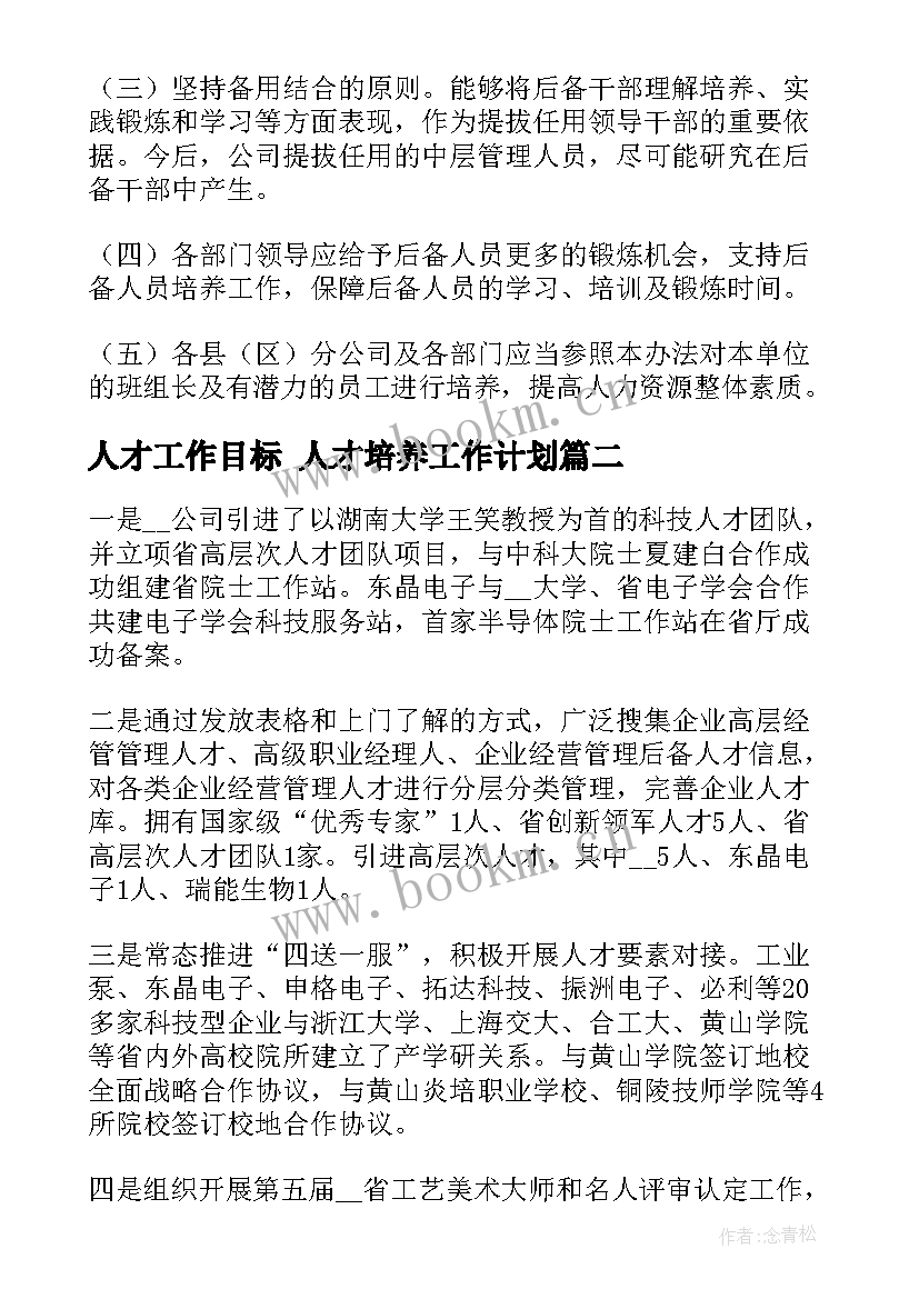 人才工作目标 人才培养工作计划(汇总9篇)