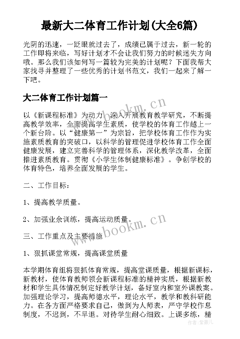 最新大二体育工作计划(大全6篇)