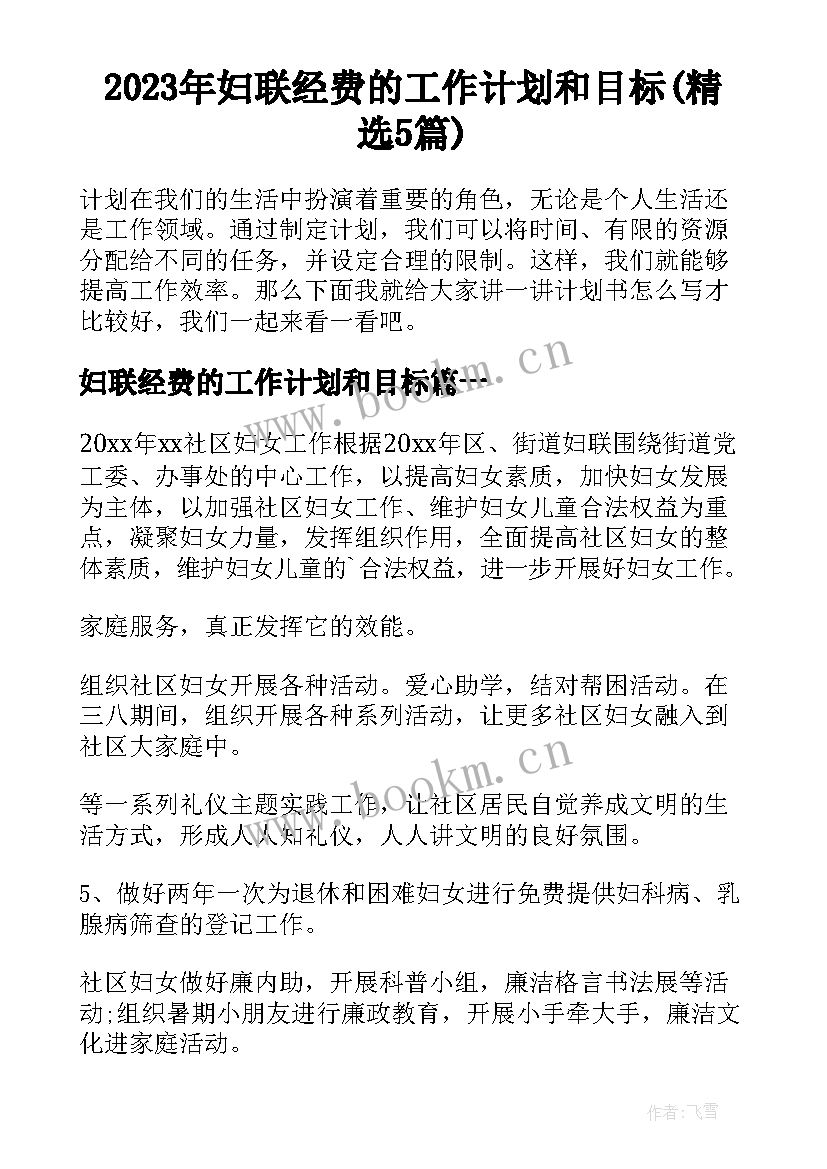 2023年妇联经费的工作计划和目标(精选5篇)