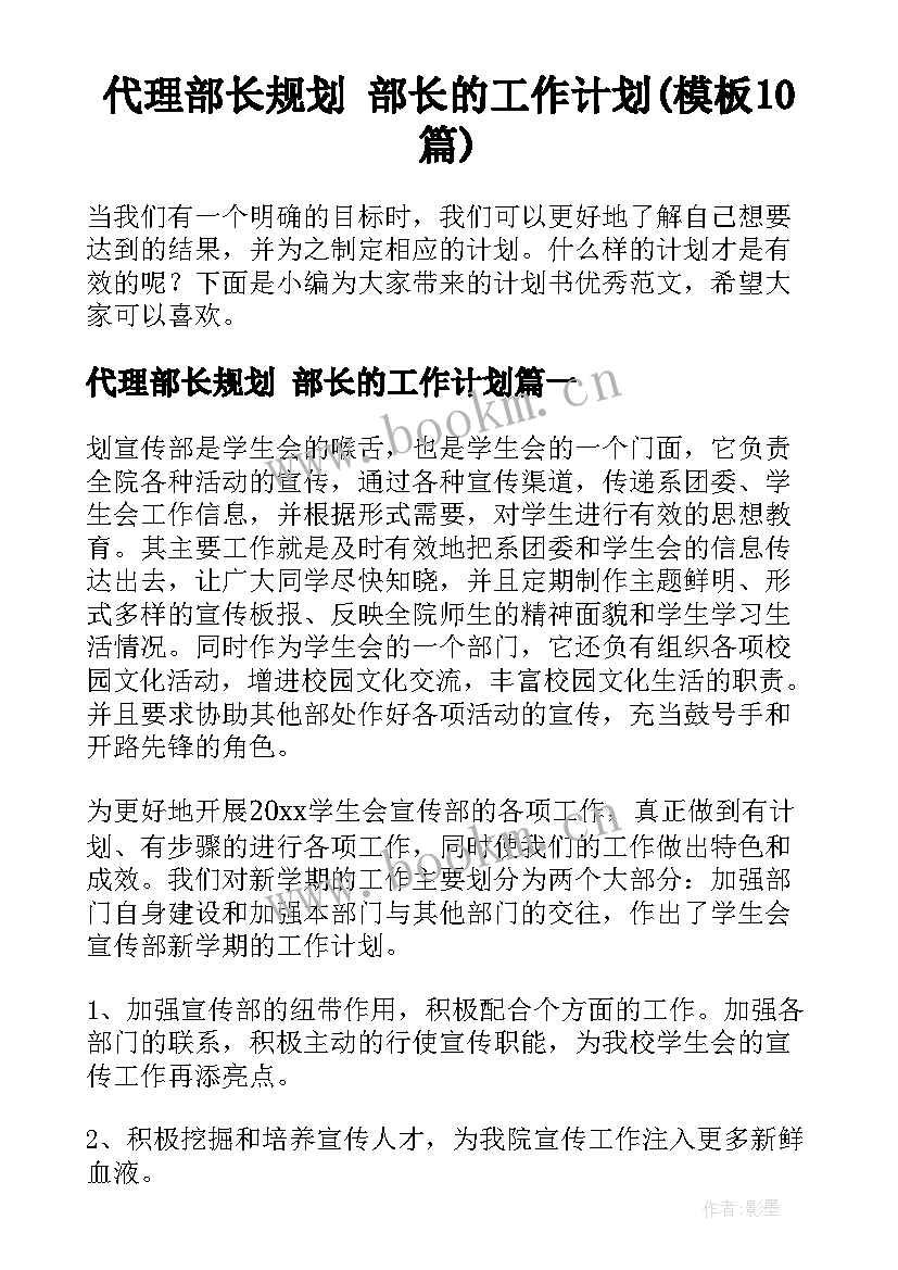 代理部长规划 部长的工作计划(模板10篇)