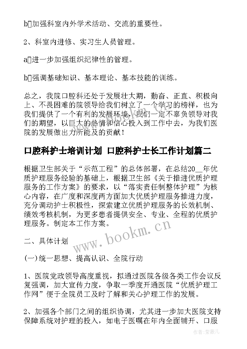 2023年口腔科护士培训计划 口腔科护士长工作计划(大全7篇)