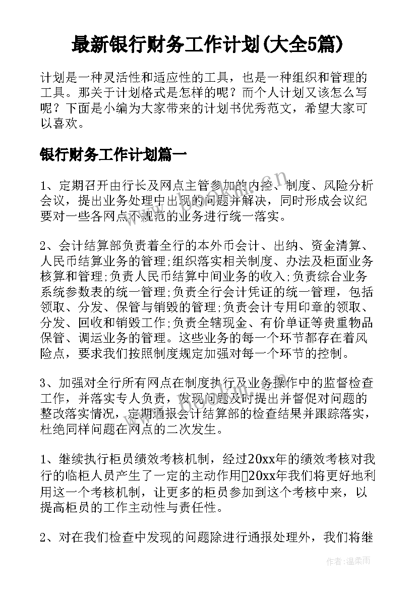 最新银行财务工作计划(大全5篇)