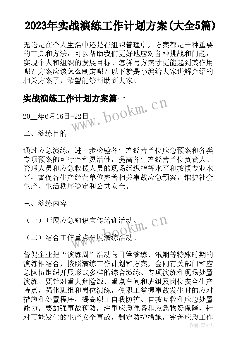 2023年实战演练工作计划方案(大全5篇)