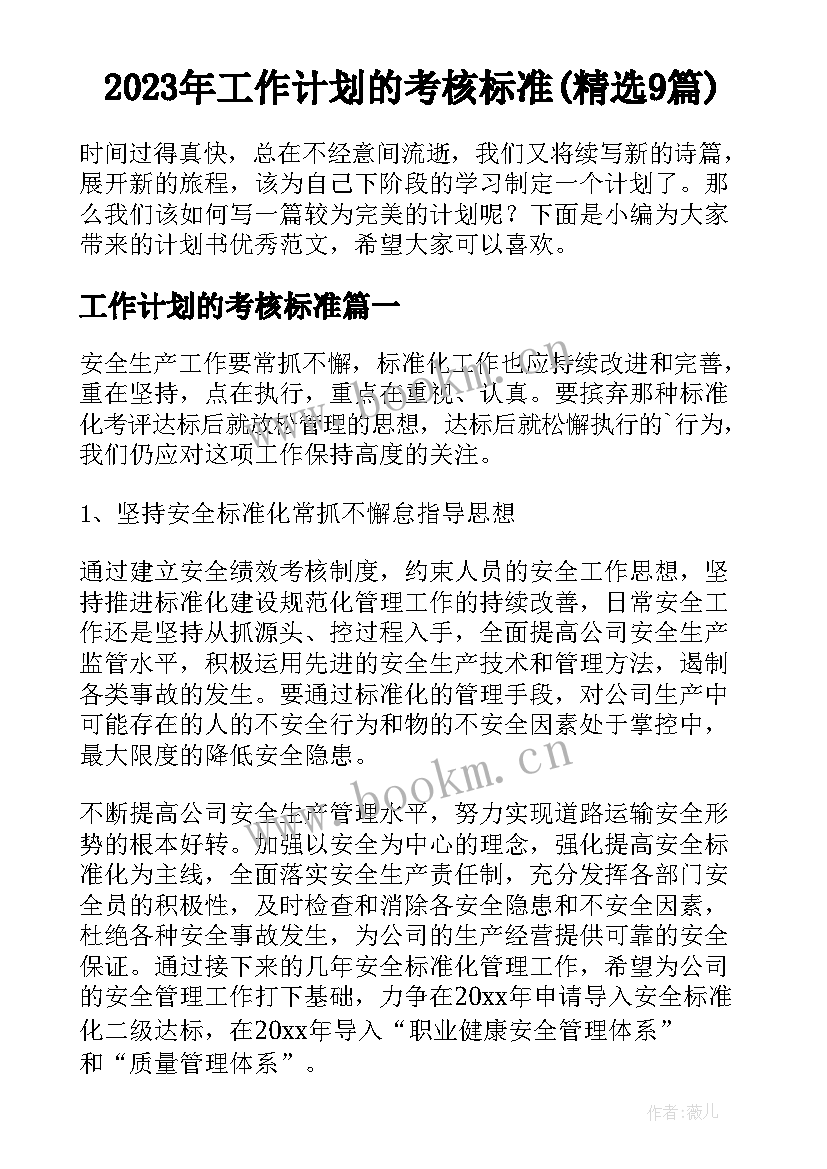 2023年工作计划的考核标准(精选9篇)