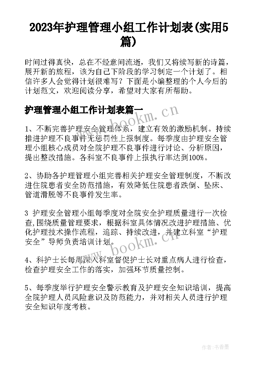 2023年护理管理小组工作计划表(实用5篇)