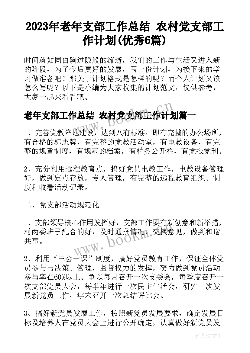 2023年老年支部工作总结 农村党支部工作计划(优秀6篇)