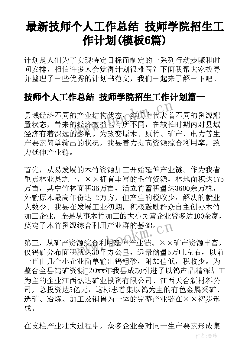 最新技师个人工作总结 技师学院招生工作计划(模板6篇)