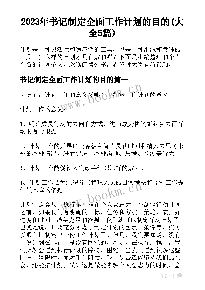 2023年书记制定全面工作计划的目的(大全5篇)