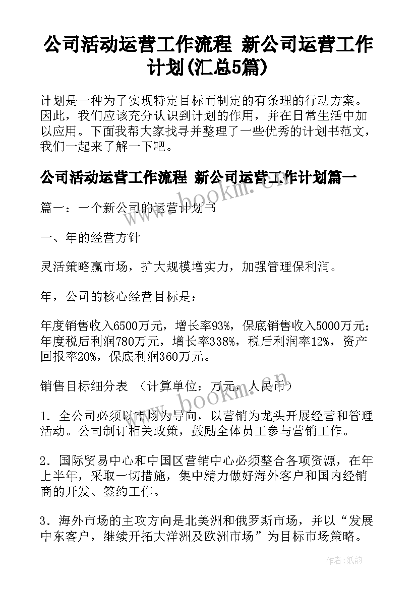 公司活动运营工作流程 新公司运营工作计划(汇总5篇)