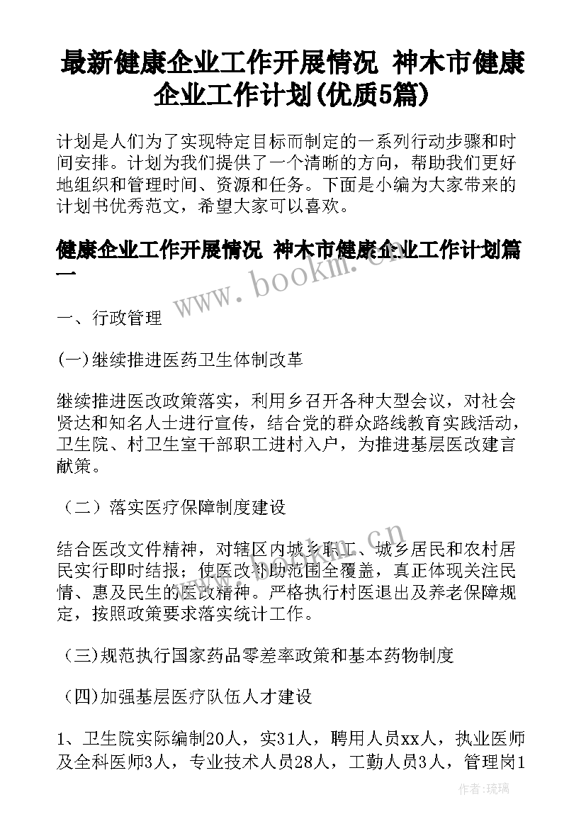 最新健康企业工作开展情况 神木市健康企业工作计划(优质5篇)