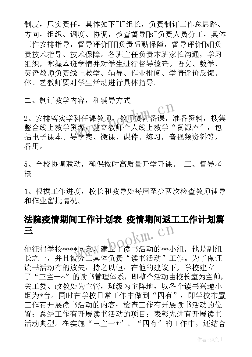 最新法院疫情期间工作计划表 疫情期间返工工作计划(实用10篇)