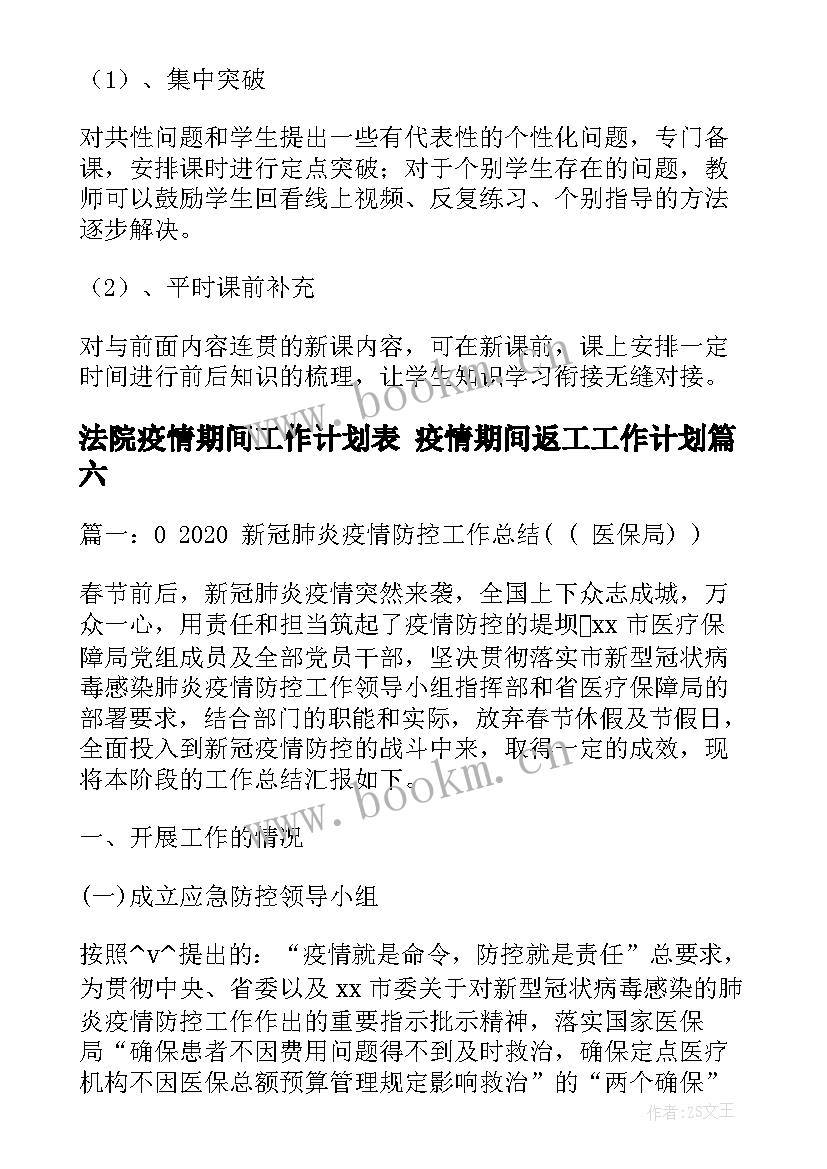 最新法院疫情期间工作计划表 疫情期间返工工作计划(实用10篇)