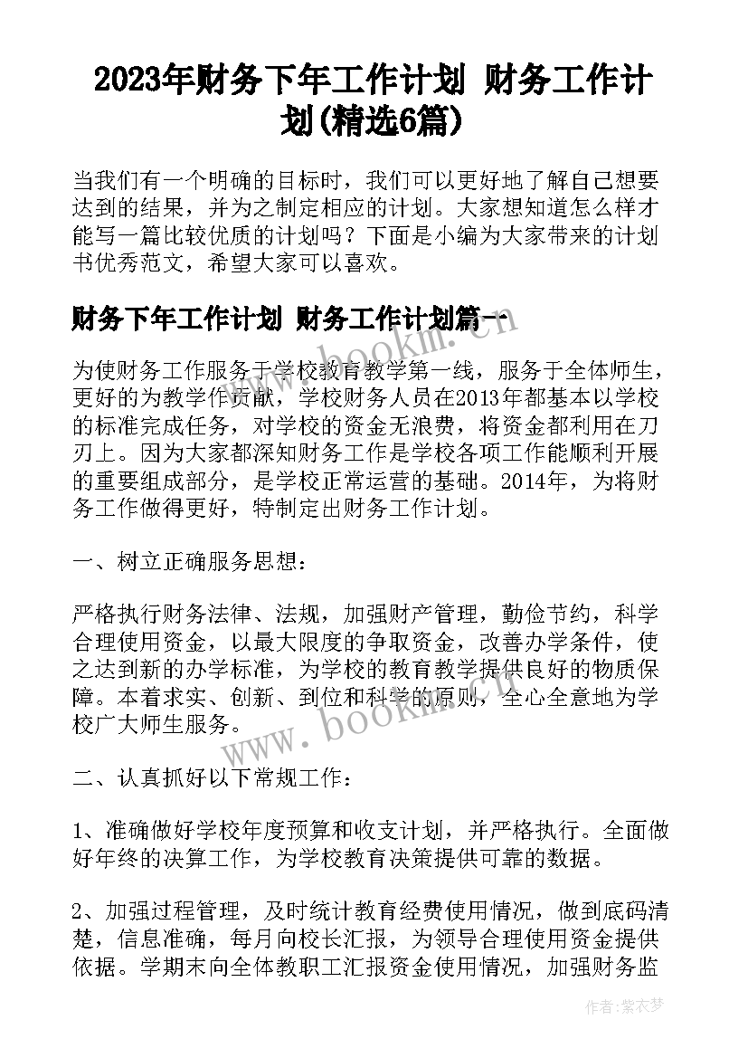 2023年财务下年工作计划 财务工作计划(精选6篇)