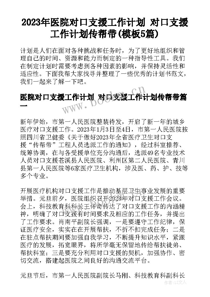 2023年医院对口支援工作计划 对口支援工作计划传帮带(模板5篇)