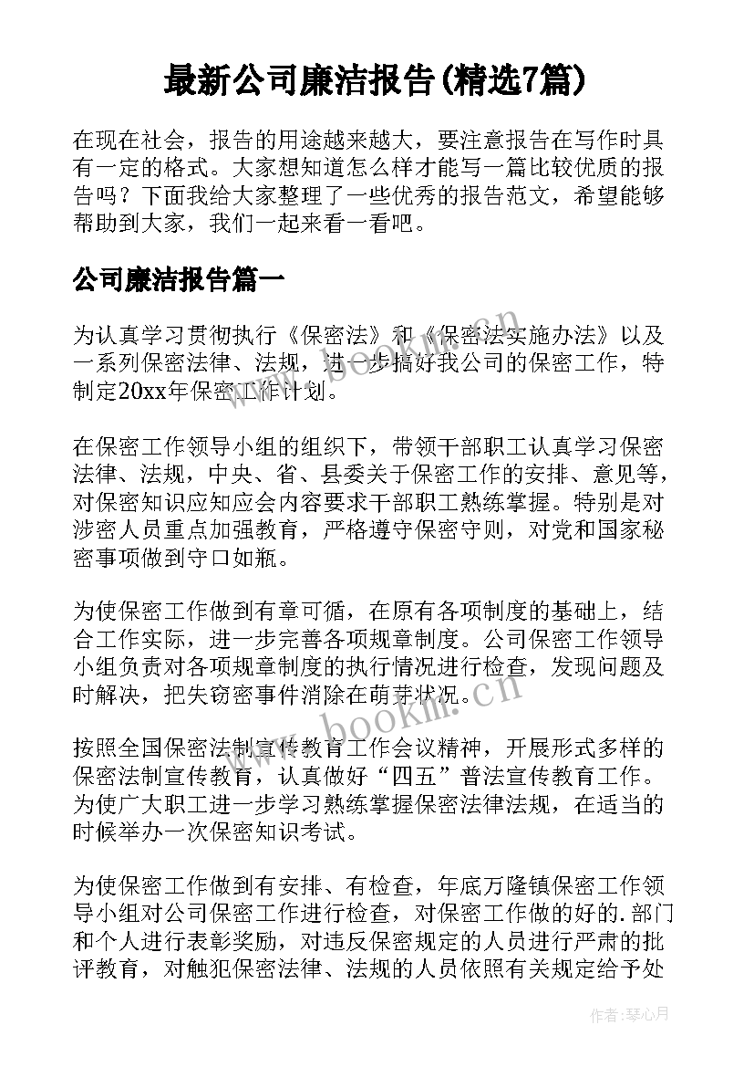 最新公司廉洁报告(精选7篇)