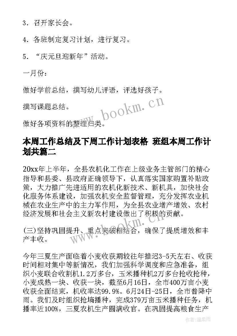 本周工作总结及下周工作计划表格 班组本周工作计划共(优秀8篇)