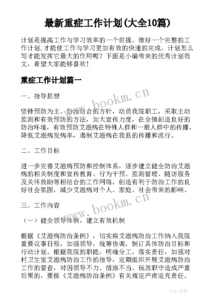 最新重症工作计划(大全10篇)