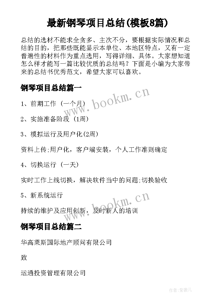 最新钢琴项目总结(模板8篇)