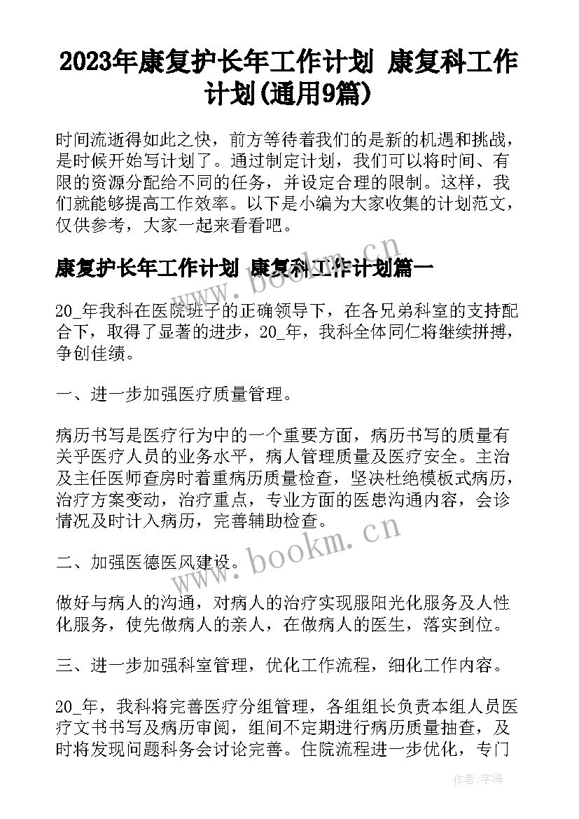 2023年康复护长年工作计划 康复科工作计划(通用9篇)