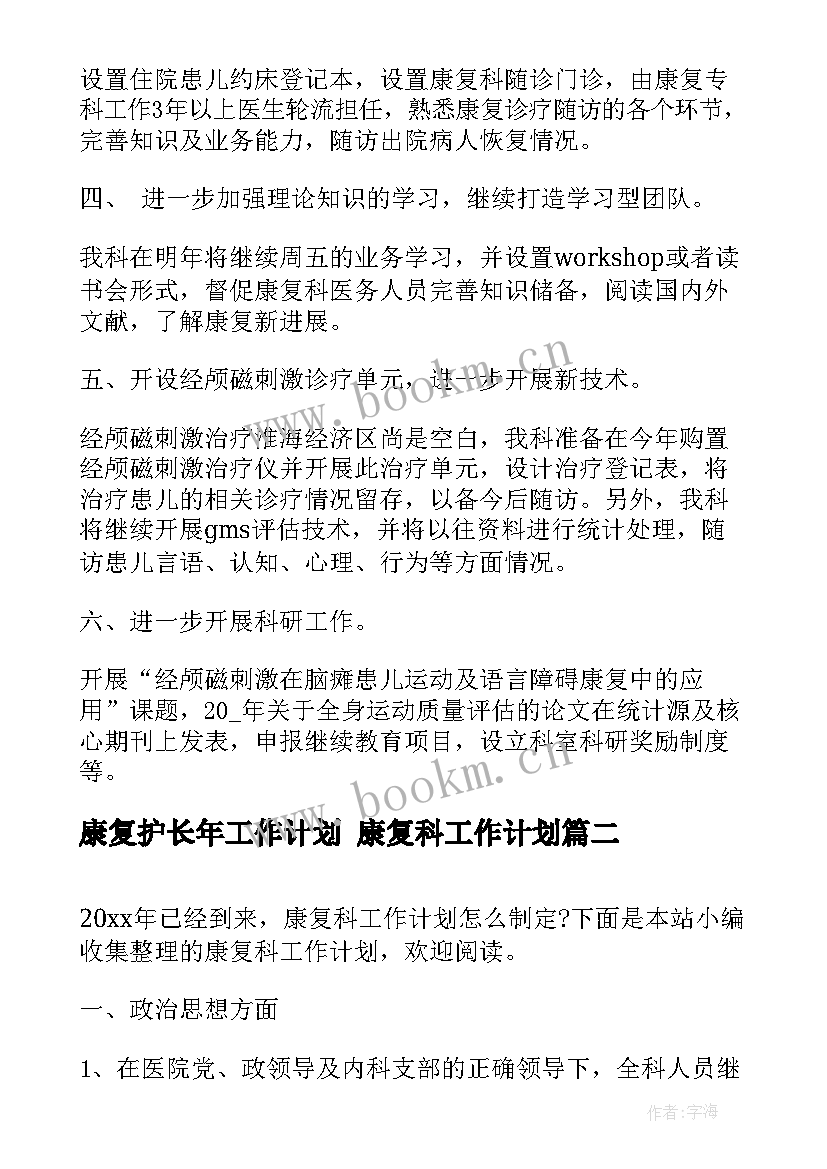 2023年康复护长年工作计划 康复科工作计划(通用9篇)