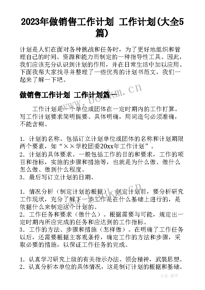 2023年做销售工作计划 工作计划(大全5篇)