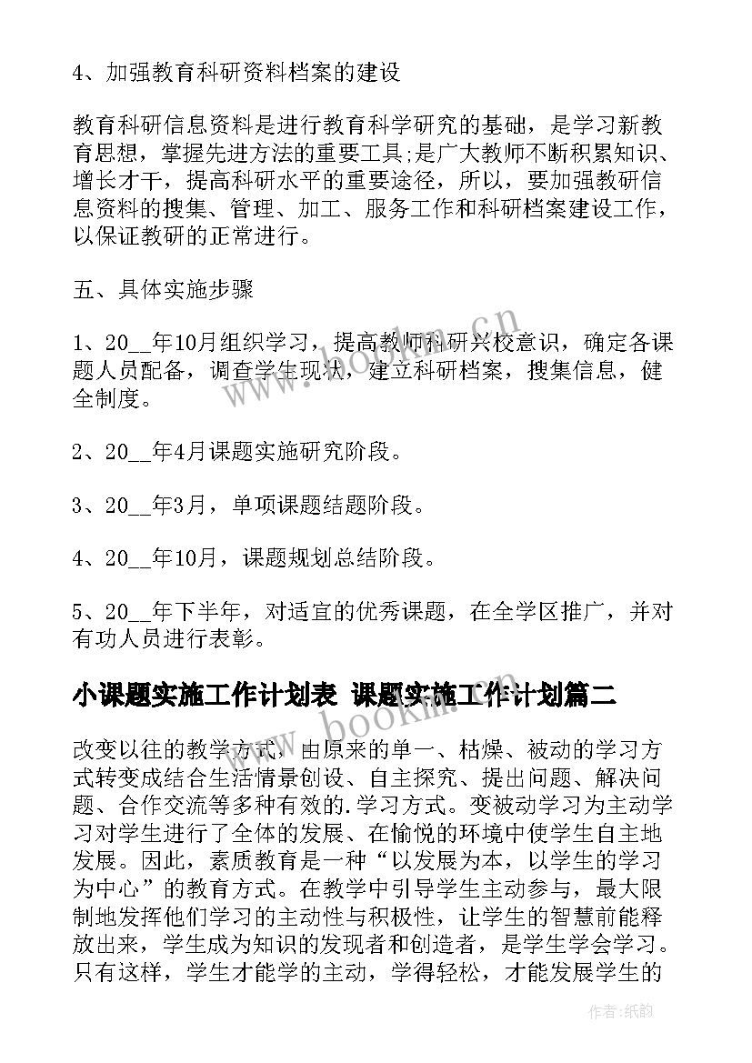 2023年小课题实施工作计划表 课题实施工作计划(实用7篇)