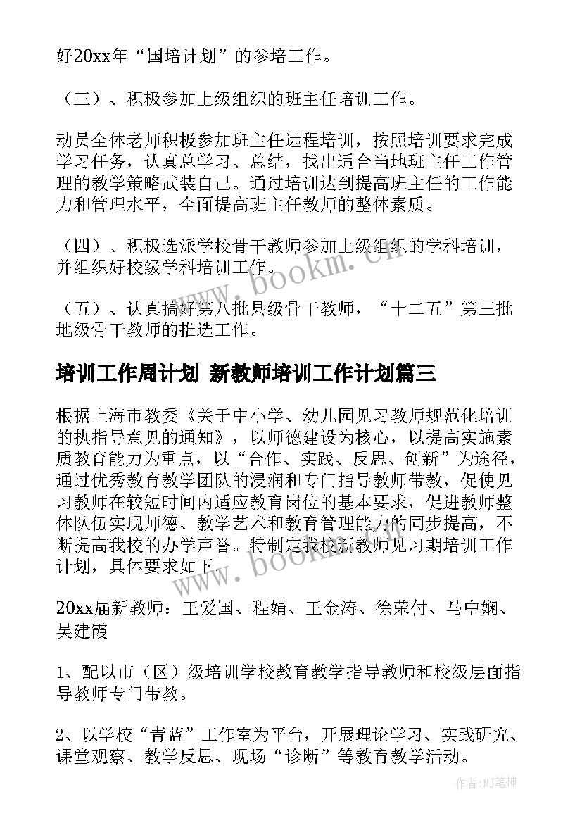 2023年培训工作周计划 新教师培训工作计划(精选5篇)