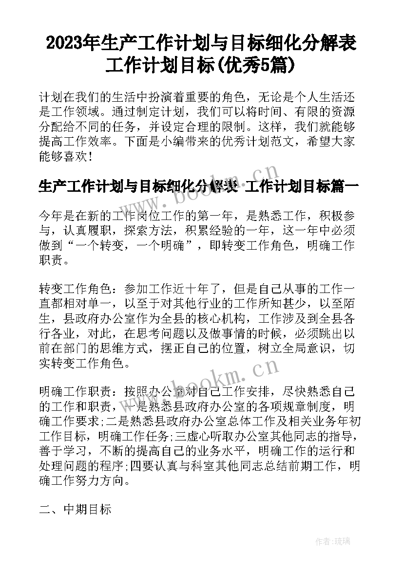 2023年生产工作计划与目标细化分解表 工作计划目标(优秀5篇)