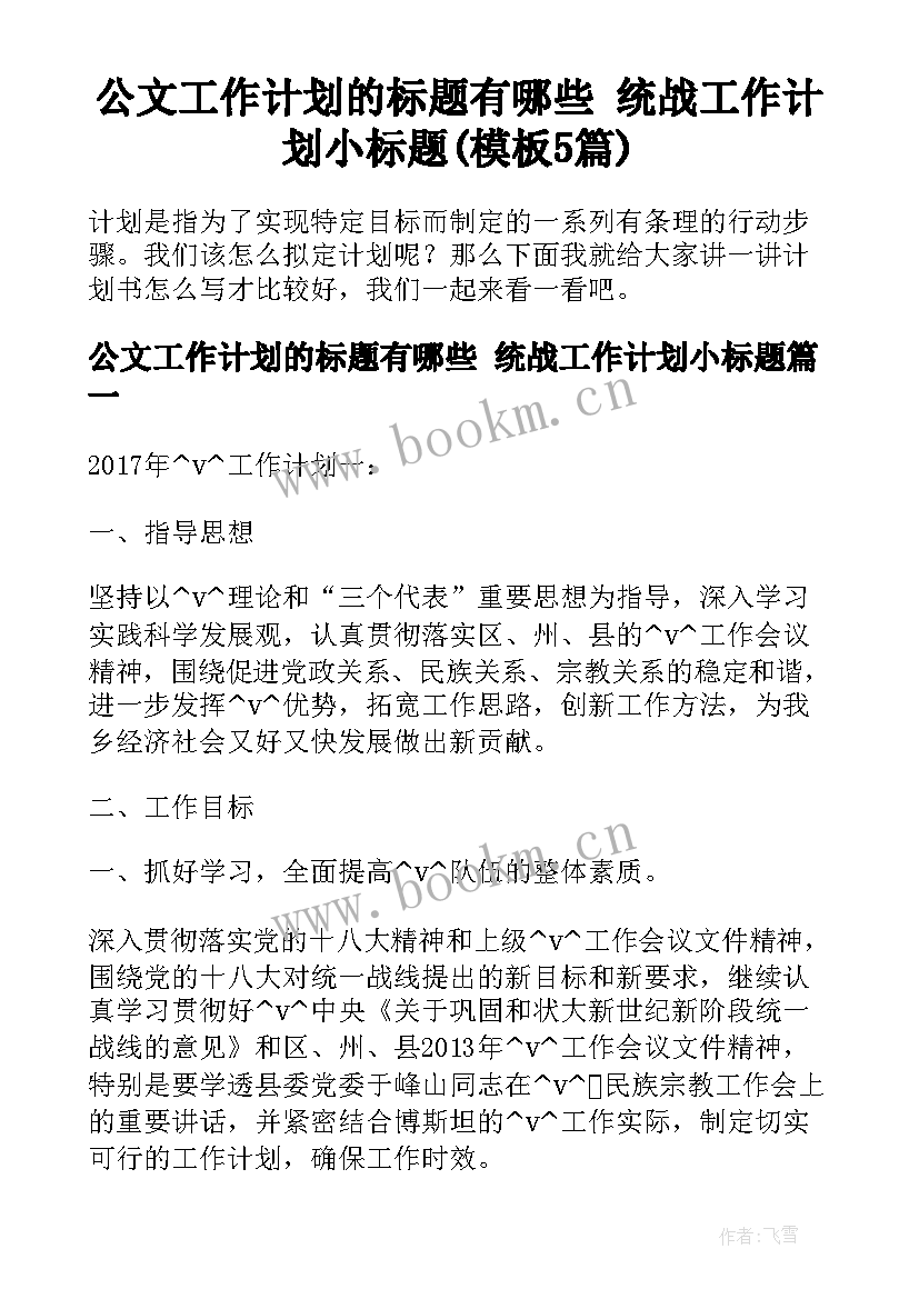 公文工作计划的标题有哪些 统战工作计划小标题(模板5篇)