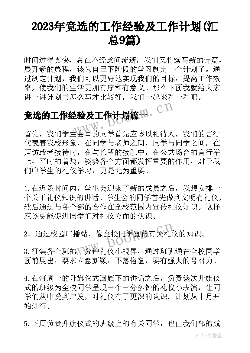 2023年竞选的工作经验及工作计划(汇总9篇)