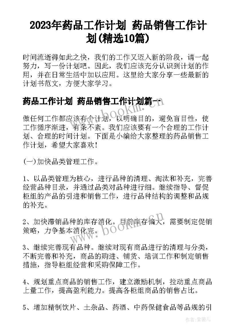 2023年药品工作计划 药品销售工作计划(精选10篇)