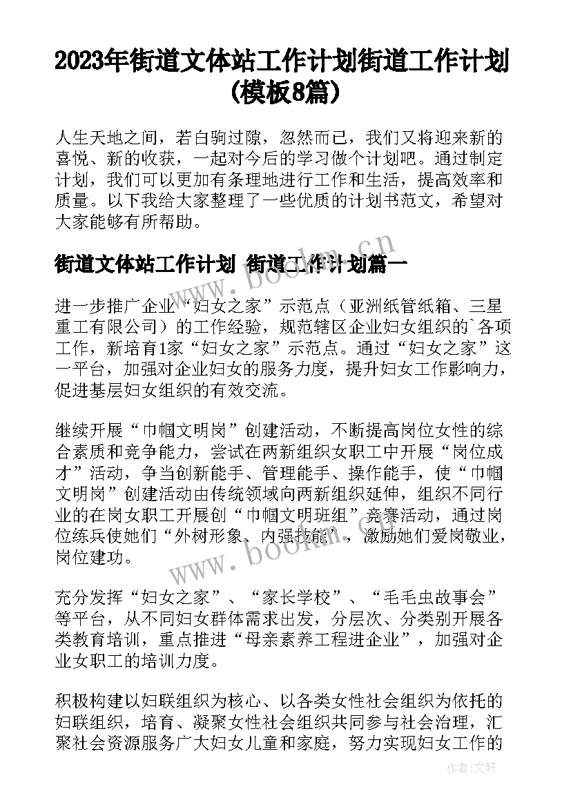 2023年街道文体站工作计划 街道工作计划(模板8篇)