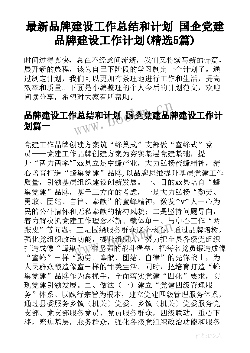 最新品牌建设工作总结和计划 国企党建品牌建设工作计划(精选5篇)