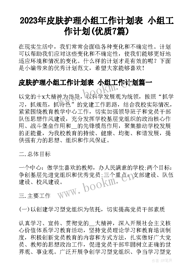 2023年皮肤护理小组工作计划表 小组工作计划(优质7篇)